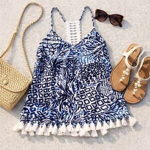 Lilly Pulitzer Nya Tassel Tank Top Navy White Crochet Back Size L